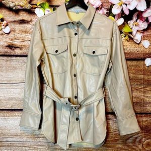 Faux leather belted shirt jacket